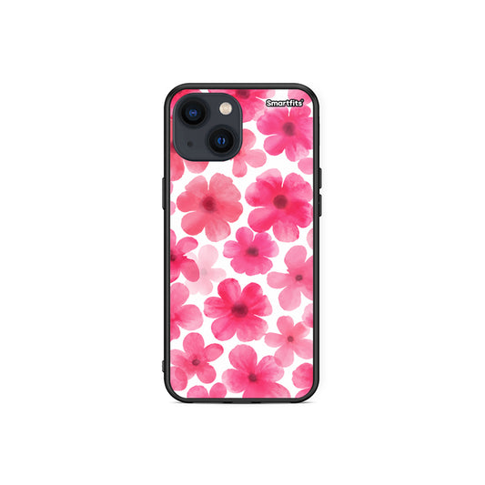 Θήκη iPhone 13 Mini Pink Watercolour Flowers on White από τη Smartfits με σχέδιο στο πίσω μέρος και μαύρο περίβλημα | iPhone 13 Mini Pink Watercolour Flowers on White case with colorful back and black bezels