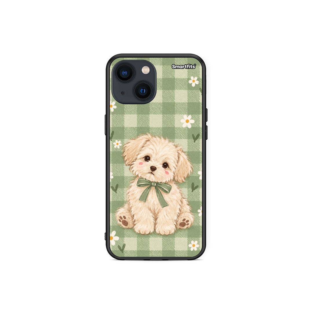 Θήκη iPhone 13 Mini Puppy and Daisies on Sage Gingham από τη Smartfits με σχέδιο στο πίσω μέρος και μαύρο περίβλημα | iPhone 13 Mini Puppy and Daisies on Sage Gingham case with colorful back and black bezels