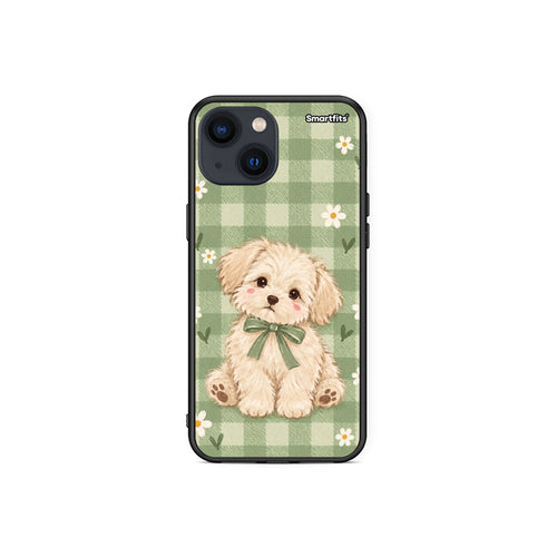 Θήκη iPhone 13 Mini Puppy and Daisies on Sage Gingham από τη Smartfits με σχέδιο στο πίσω μέρος και μαύρο περίβλημα | iPhone 13 Mini Puppy and Daisies on Sage Gingham case with colorful back and black bezels