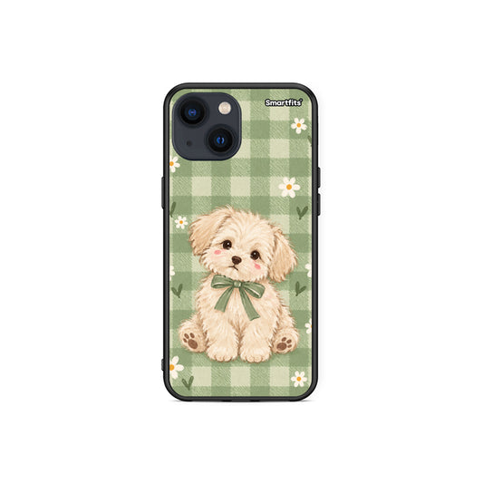 Θήκη iPhone 13 Mini Puppy and Daisies on Sage Gingham από τη Smartfits με σχέδιο στο πίσω μέρος και μαύρο περίβλημα | iPhone 13 Mini Puppy and Daisies on Sage Gingham case with colorful back and black bezels