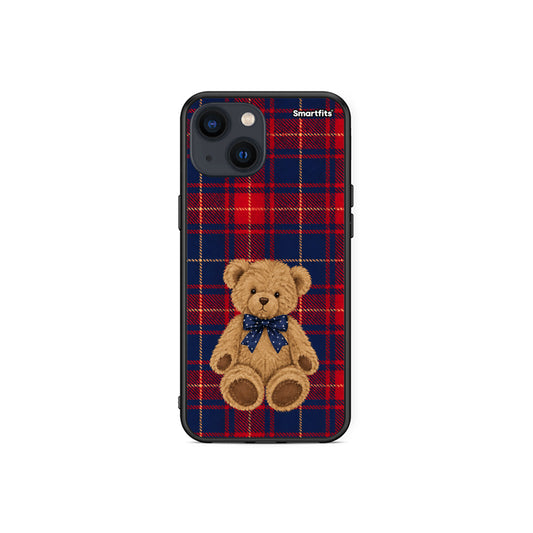 Θήκη iPhone 13 Mini Teddy Bear on Red and Navy Tartan από τη Smartfits με σχέδιο στο πίσω μέρος και μαύρο περίβλημα | iPhone 13 Mini Teddy Bear on Red and Navy Tartan case with colorful back and black bezels