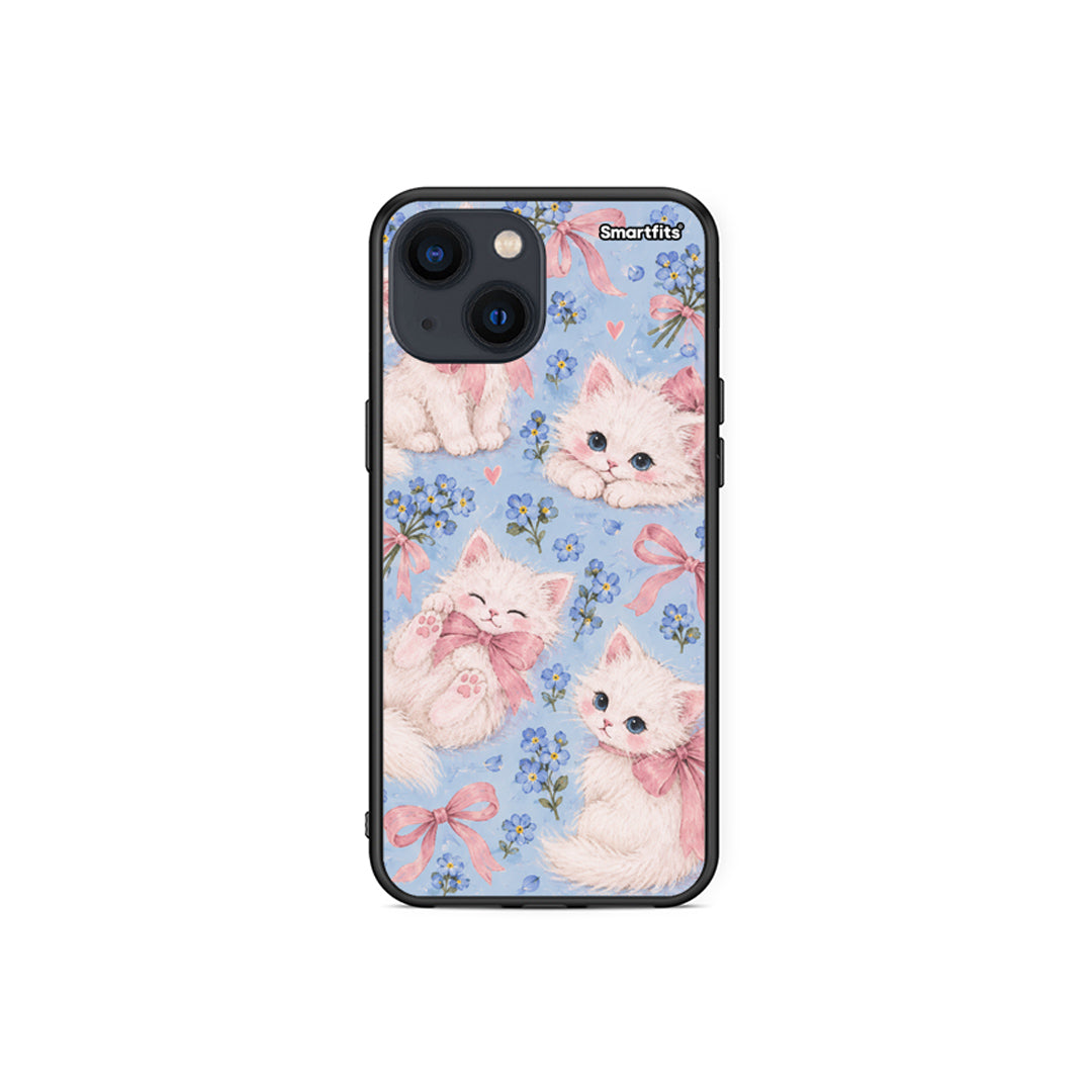 Θήκη iPhone 13 Mini White Kittens and Blue Flowers Large από τη Smartfits με σχέδιο στο πίσω μέρος και μαύρο περίβλημα | iPhone 13 Mini White Kittens and Blue Flowers Large case with colorful back and black bezels