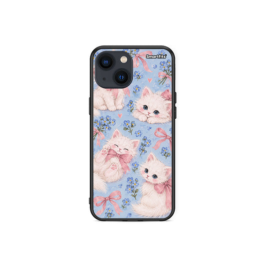 Θήκη iPhone 13 Mini White Kittens and Blue Flowers Large από τη Smartfits με σχέδιο στο πίσω μέρος και μαύρο περίβλημα | iPhone 13 Mini White Kittens and Blue Flowers Large case with colorful back and black bezels