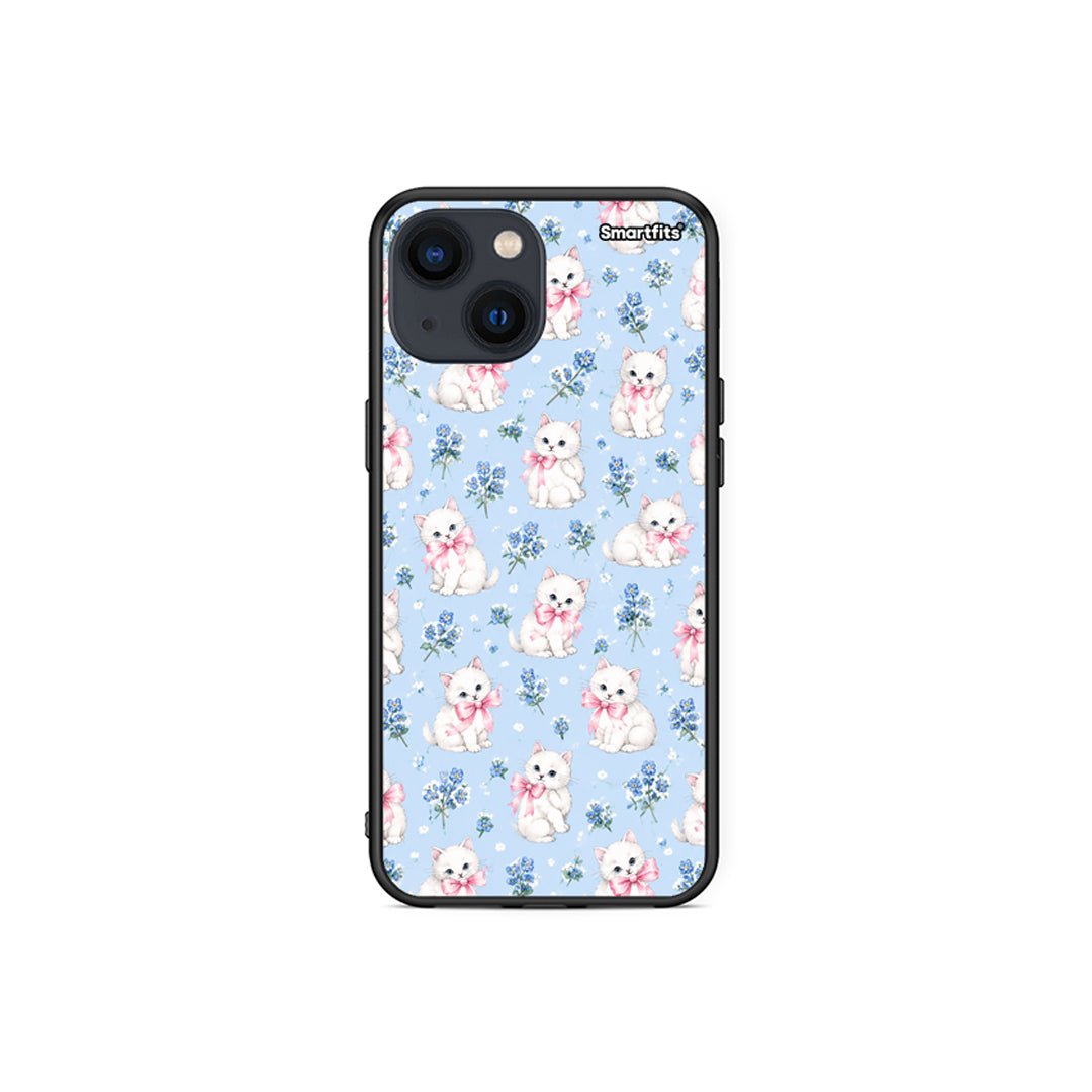 Θήκη iPhone 13 Mini White Kittens and Blue Flowers Small από τη Smartfits με σχέδιο στο πίσω μέρος και μαύρο περίβλημα | iPhone 13 Mini White Kittens and Blue Flowers Small case with colorful back and black bezels