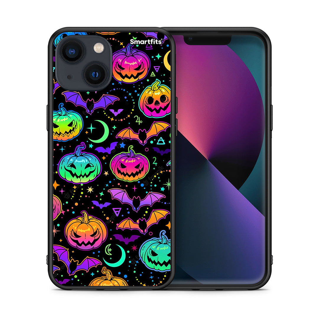 Θήκη iPhone 13 Neon Halloween από τη Smartfits με σχέδιο στο πίσω μέρος και μαύρο περίβλημα | iPhone 13 Neon Halloween case with colorful back and black bezels