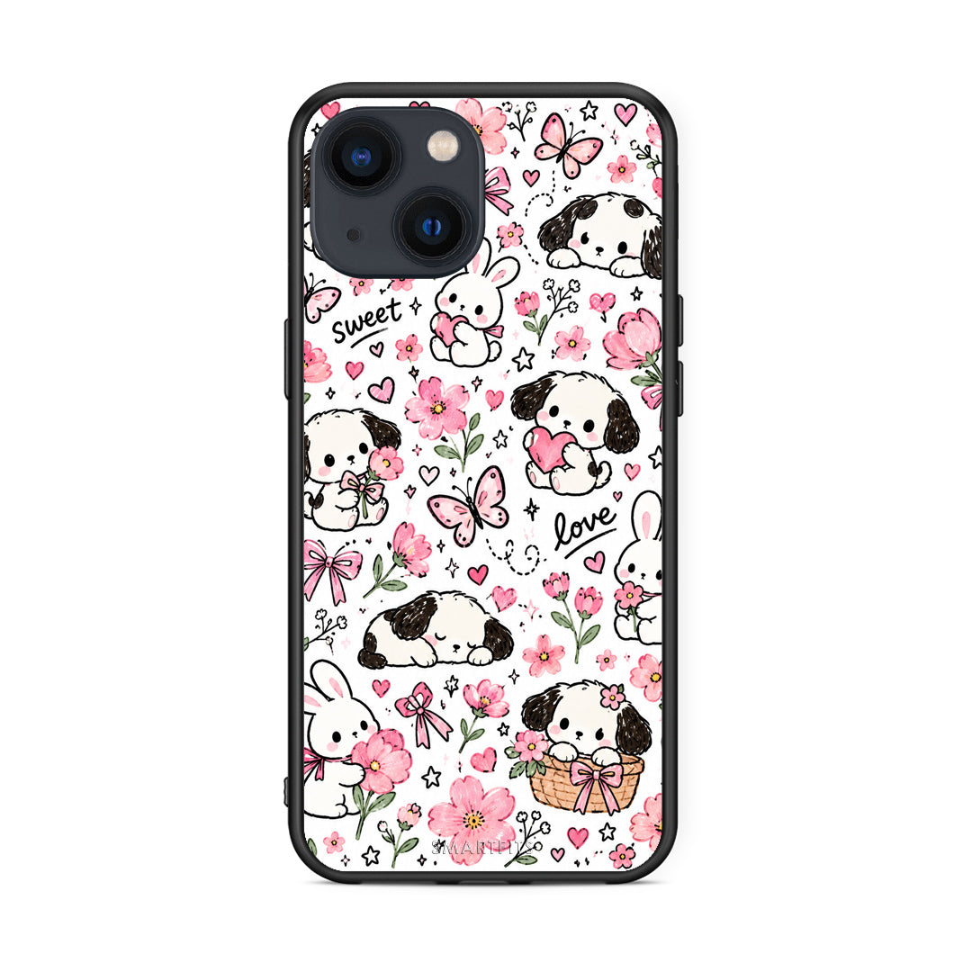 Θήκη iPhone 13 Pink Florals Puppies and Bunnies on White από τη Smartfits με σχέδιο στο πίσω μέρος και μαύρο περίβλημα | iPhone 13 Pink Florals Puppies and Bunnies on White case with colorful back and black bezels