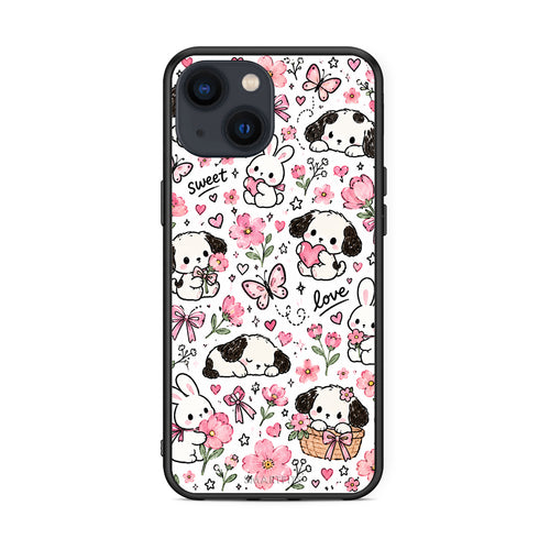 Θήκη iPhone 13 Pink Florals Puppies and Bunnies on White από τη Smartfits με σχέδιο στο πίσω μέρος και μαύρο περίβλημα | iPhone 13 Pink Florals Puppies and Bunnies on White case with colorful back and black bezels