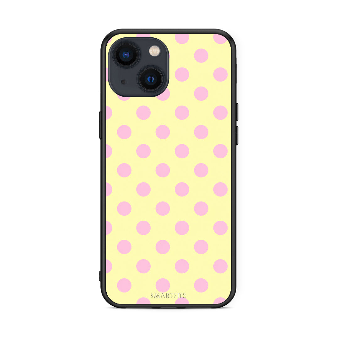 Θήκη iPhone 13 Pink Polka Dots on Yellow από τη Smartfits με σχέδιο στο πίσω μέρος και μαύρο περίβλημα | iPhone 13 Pink Polka Dots on Yellow case with colorful back and black bezels