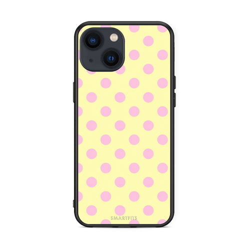 Θήκη iPhone 13 Pink Polka Dots on Yellow από τη Smartfits με σχέδιο στο πίσω μέρος και μαύρο περίβλημα | iPhone 13 Pink Polka Dots on Yellow case with colorful back and black bezels