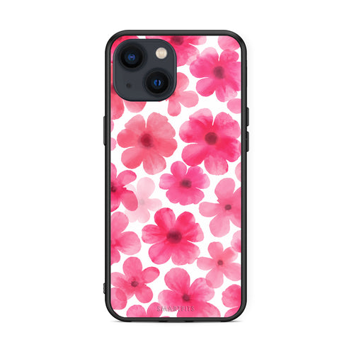 Θήκη iPhone 13 Pink Watercolour Flowers on White από τη Smartfits με σχέδιο στο πίσω μέρος και μαύρο περίβλημα | iPhone 13 Pink Watercolour Flowers on White case with colorful back and black bezels