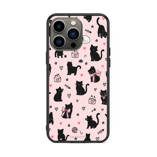 Θήκη iPhone 13 Pro Black Cat Doodles on Pink από τη Smartfits με σχέδιο στο πίσω μέρος και μαύρο περίβλημα | iPhone 13 Pro Black Cat Doodles on Pink case with colorful back and black bezels