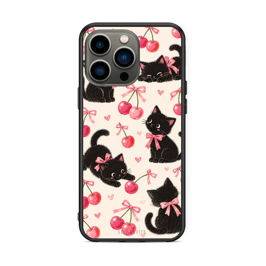 Θήκη iPhone 13 Pro Black Kittens and Cherries on Cream από τη Smartfits με σχέδιο στο πίσω μέρος και μαύρο περίβλημα | iPhone 13 Pro Black Kittens and Cherries on Cream case with colorful back and black bezels