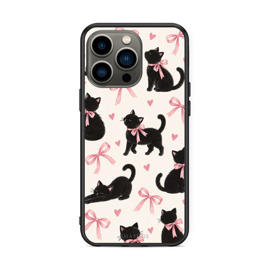 Θήκη iPhone 13 Pro Black Kittens and Pink Bows on Cream Large από τη Smartfits με σχέδιο στο πίσω μέρος και μαύρο περίβλημα | iPhone 13 Pro Black Kittens and Pink Bows on Cream Large case with colorful back and black bezels