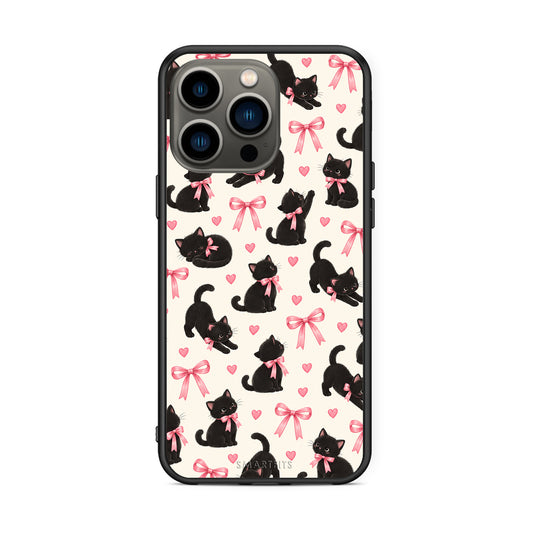 Θήκη iPhone 13 Pro Black Kittens and Pink Bows on Cream Small από τη Smartfits με σχέδιο στο πίσω μέρος και μαύρο περίβλημα | iPhone 13 Pro Black Kittens and Pink Bows on Cream Small case with colorful back and black bezels