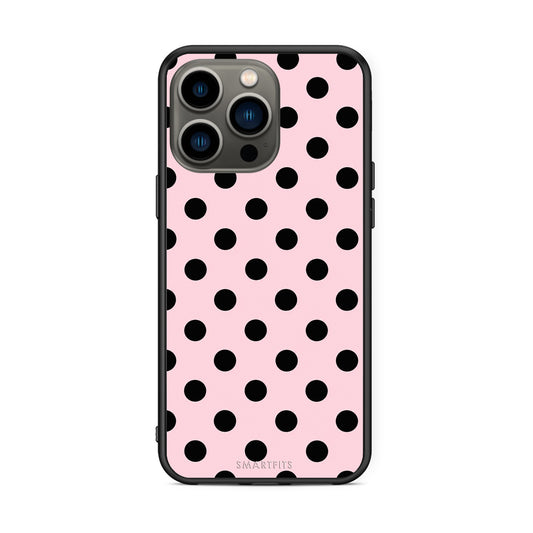 Θήκη iPhone 13 Pro Black Polka Dots on Pink από τη Smartfits με σχέδιο στο πίσω μέρος και μαύρο περίβλημα | iPhone 13 Pro Black Polka Dots on Pink case with colorful back and black bezels
