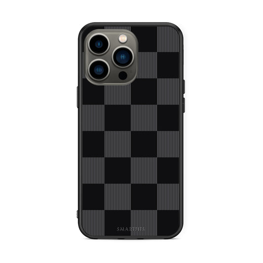 Θήκη iPhone 13 Pro Black and Charcoal Striped Checks από τη Smartfits με σχέδιο στο πίσω μέρος και μαύρο περίβλημα | iPhone 13 Pro Black and Charcoal Striped Checks case with colorful back and black bezels