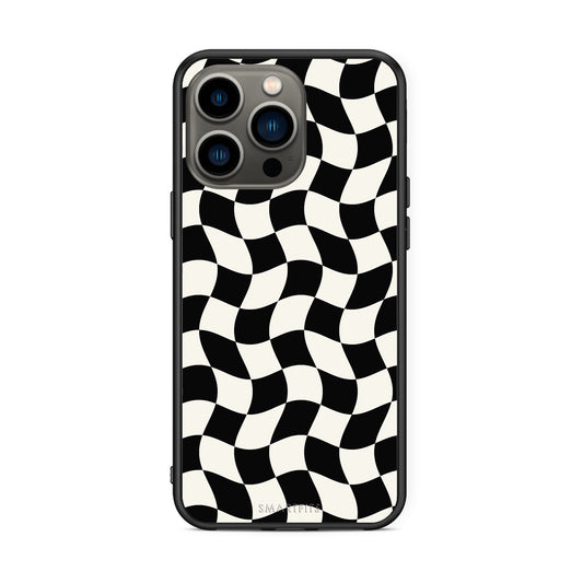 Θήκη iPhone 13 Pro Black and Cream Wavy Checkerboard από τη Smartfits με σχέδιο στο πίσω μέρος και μαύρο περίβλημα | iPhone 13 Pro Black and Cream Wavy Checkerboard case with colorful back and black bezels