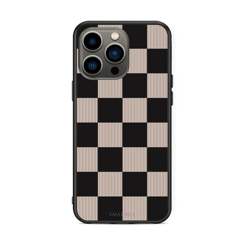 Θήκη iPhone 13 Pro Black and Taupe Striped Checks από τη Smartfits με σχέδιο στο πίσω μέρος και μαύρο περίβλημα | iPhone 13 Pro Black and Taupe Striped Checks case with colorful back and black bezels