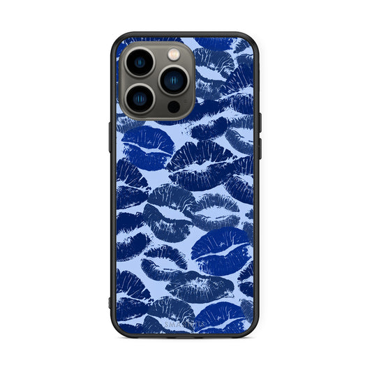 Θήκη iPhone 13 Pro Blue Lipstick Kisses από τη Smartfits με σχέδιο στο πίσω μέρος και μαύρο περίβλημα | iPhone 13 Pro Blue Lipstick Kisses case with colorful back and black bezels