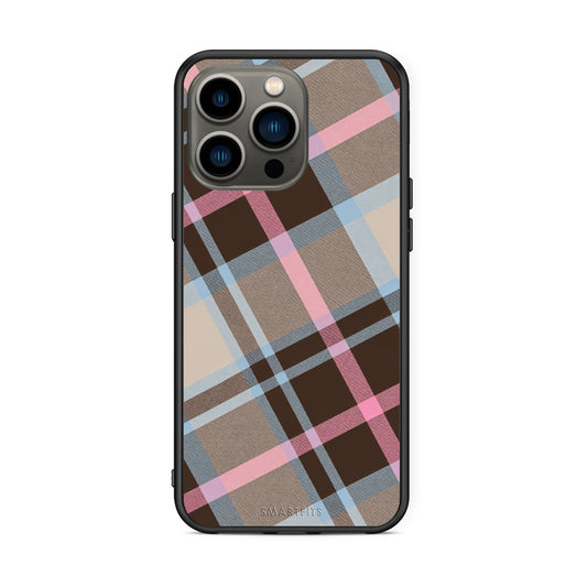 Θήκη iPhone 13 Pro Brown Pink and Blue Diagonal Plaid από τη Smartfits με σχέδιο στο πίσω μέρος και μαύρο περίβλημα | iPhone 13 Pro Brown Pink and Blue Diagonal Plaid case with colorful back and black bezels