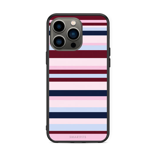 Θήκη iPhone 13 Pro Burgundy Pink and Blue Horizontal Stripes από τη Smartfits με σχέδιο στο πίσω μέρος και μαύρο περίβλημα | iPhone 13 Pro Burgundy Pink and Blue Horizontal Stripes case with colorful back and black bezels