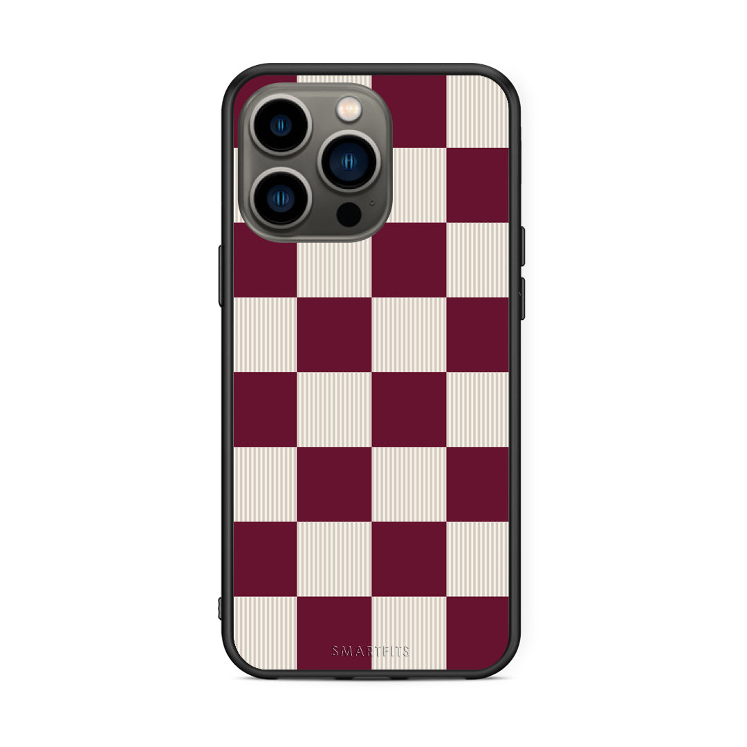 Θήκη iPhone 13 Pro Burgundy and Cream Striped Checks από τη Smartfits με σχέδιο στο πίσω μέρος και μαύρο περίβλημα | iPhone 13 Pro Burgundy and Cream Striped Checks case with colorful back and black bezels