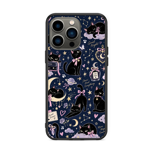 Θήκη iPhone 13 Pro Celestial Black Cats on Navy από τη Smartfits με σχέδιο στο πίσω μέρος και μαύρο περίβλημα | iPhone 13 Pro Celestial Black Cats on Navy case with colorful back and black bezels