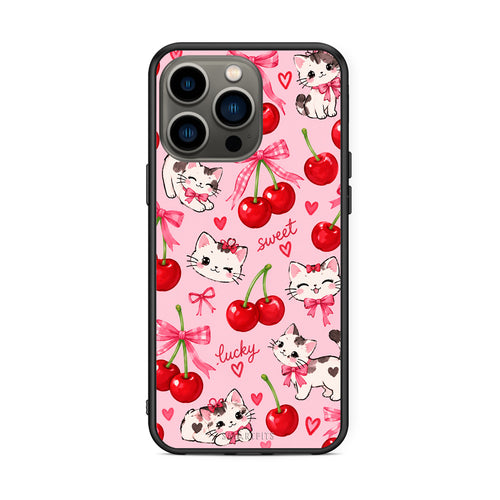 Θήκη iPhone 13 Pro Cherries Bows and Kittens on Pink από τη Smartfits με σχέδιο στο πίσω μέρος και μαύρο περίβλημα | iPhone 13 Pro Cherries Bows and Kittens on Pink case with colorful back and black bezels