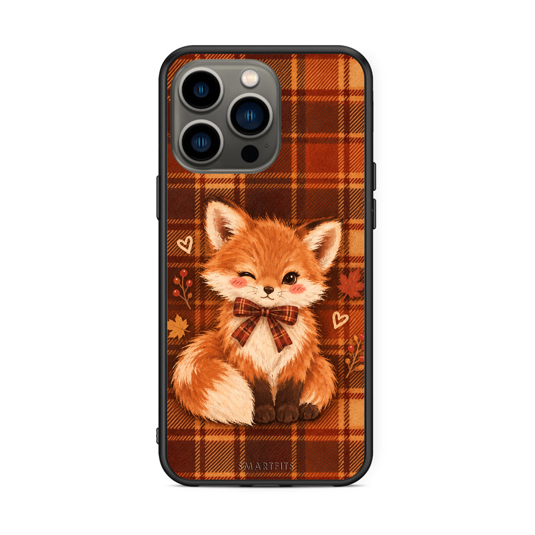 Θήκη iPhone 13 Pro Fox on Autumn Tartan από τη Smartfits με σχέδιο στο πίσω μέρος και μαύρο περίβλημα | iPhone 13 Pro Fox on Autumn Tartan case with colorful back and black bezels