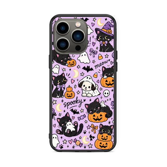 Θήκη iPhone 13 Pro Halloween Black Cats on Lilac από τη Smartfits με σχέδιο στο πίσω μέρος και μαύρο περίβλημα | iPhone 13 Pro Halloween Black Cats on Lilac case with colorful back and black bezels