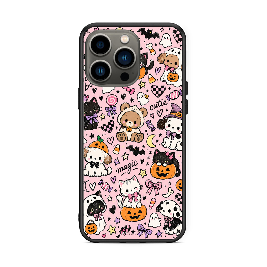 Θήκη iPhone 13 Pro Halloween Cute Animals on Pink από τη Smartfits με σχέδιο στο πίσω μέρος και μαύρο περίβλημα | iPhone 13 Pro Halloween Cute Animals on Pink case with colorful back and black bezels