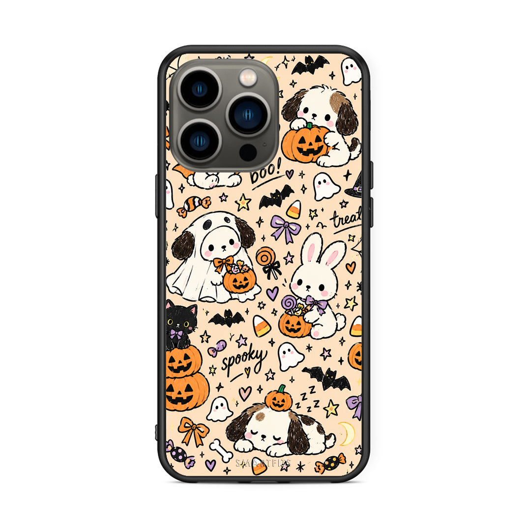 Θήκη iPhone 13 Pro Halloween Puppies and Friends on Cream από τη Smartfits με σχέδιο στο πίσω μέρος και μαύρο περίβλημα | iPhone 13 Pro Halloween Puppies and Friends on Cream case with colorful back and black bezels