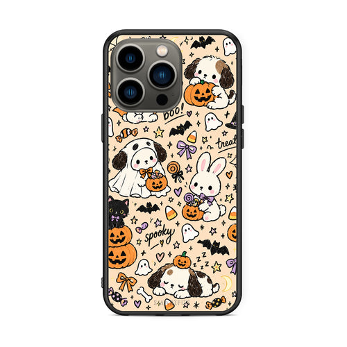 Θήκη iPhone 13 Pro Halloween Puppies and Friends on Cream από τη Smartfits με σχέδιο στο πίσω μέρος και μαύρο περίβλημα | iPhone 13 Pro Halloween Puppies and Friends on Cream case with colorful back and black bezels
