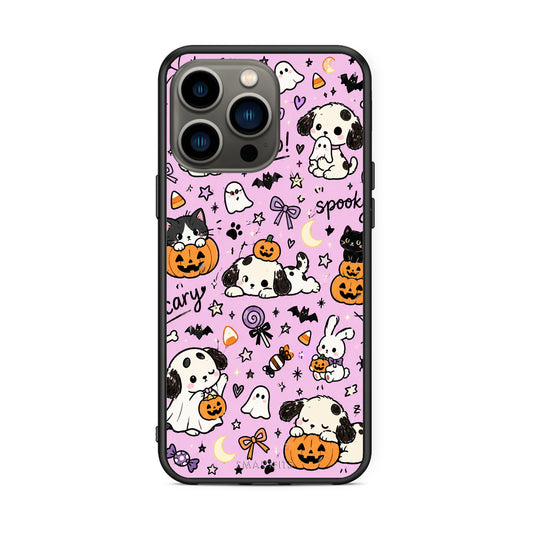 Θήκη iPhone 13 Pro Halloween Puppies and Friends on Lilac από τη Smartfits με σχέδιο στο πίσω μέρος και μαύρο περίβλημα | iPhone 13 Pro Halloween Puppies and Friends on Lilac case with colorful back and black bezels
