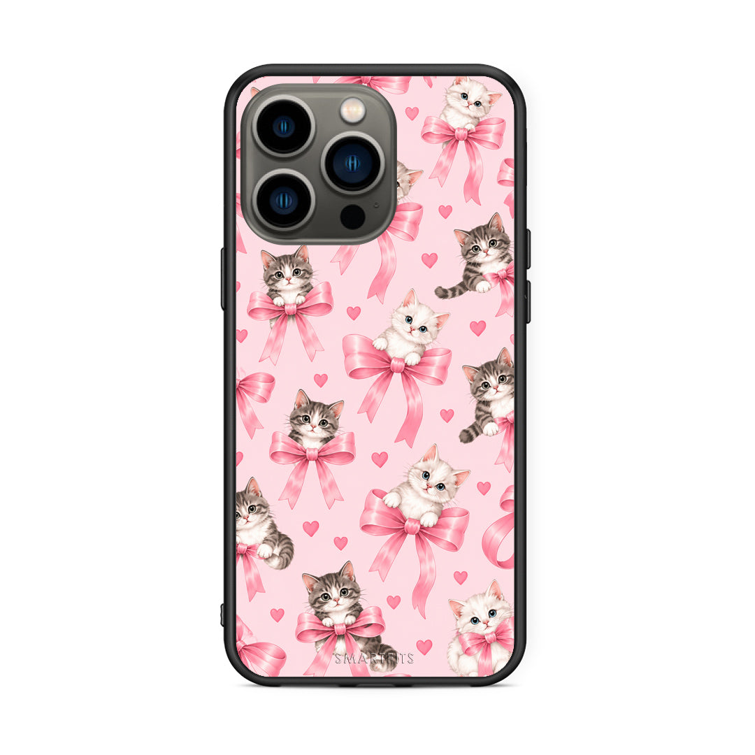 Θήκη iPhone 13 Pro Kittens and Pink Bows on Pink από τη Smartfits με σχέδιο στο πίσω μέρος και μαύρο περίβλημα | iPhone 13 Pro Kittens and Pink Bows on Pink case with colorful back and black bezels