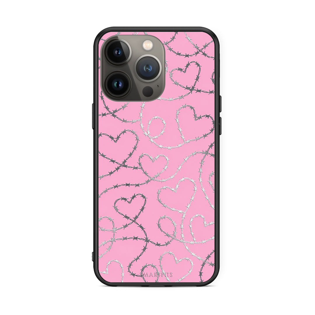 Θήκη iPhone 13 Pro Max Barbed Wire Hearts on Pink από τη Smartfits με σχέδιο στο πίσω μέρος και μαύρο περίβλημα | iPhone 13 Pro Max Barbed Wire Hearts on Pink case with colorful back and black bezels