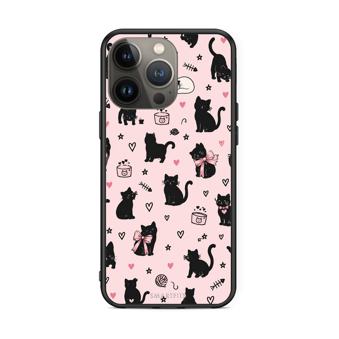 Θήκη iPhone 13 Pro Max Black Cat Doodles on Pink από τη Smartfits με σχέδιο στο πίσω μέρος και μαύρο περίβλημα | iPhone 13 Pro Max Black Cat Doodles on Pink case with colorful back and black bezels