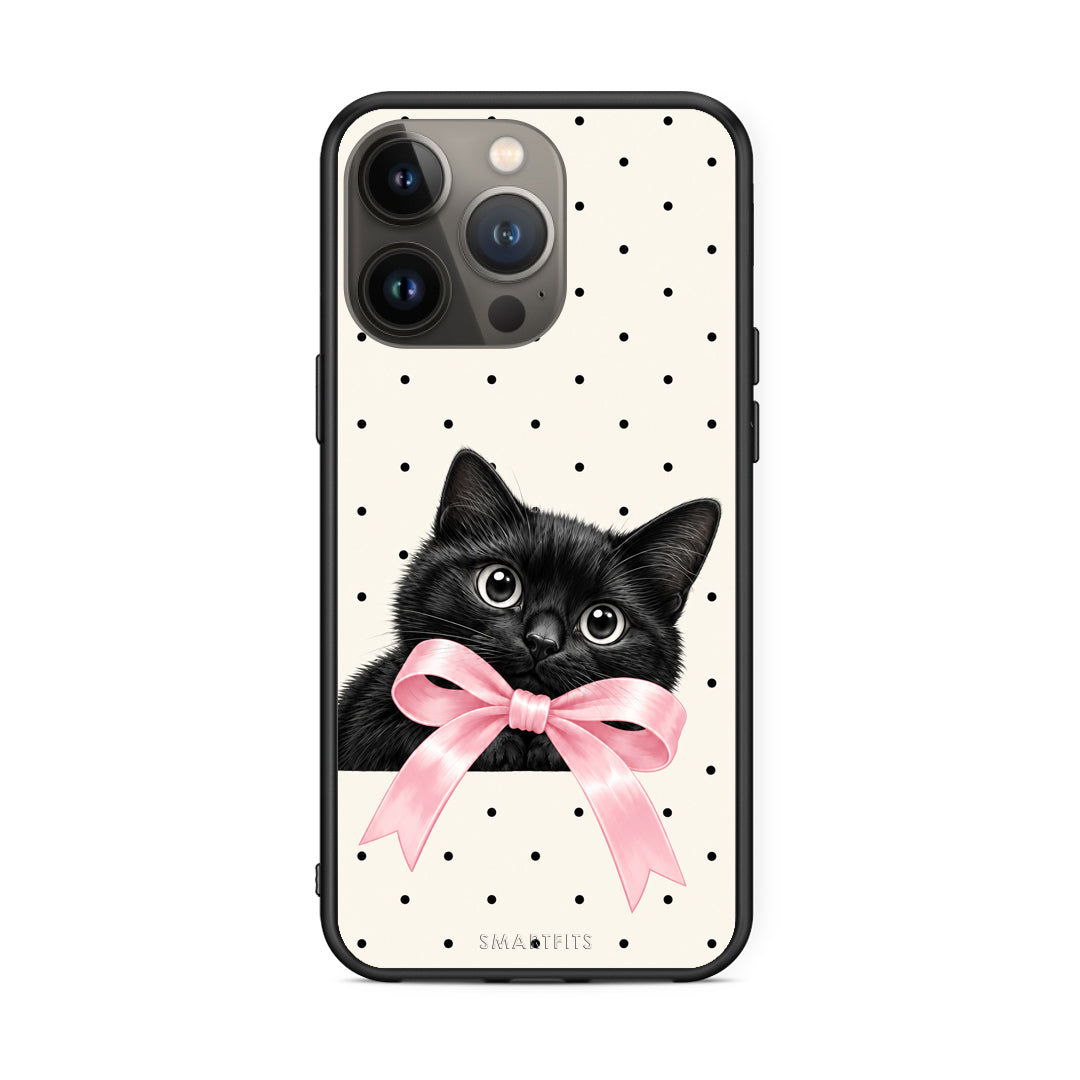 Θήκη iPhone 13 Pro Max Black Kitten Pink Bow and Polka Dots από τη Smartfits με σχέδιο στο πίσω μέρος και μαύρο περίβλημα | iPhone 13 Pro Max Black Kitten Pink Bow and Polka Dots case with colorful back and black bezels