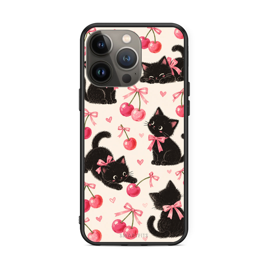Θήκη iPhone 13 Pro Max Black Kittens and Cherries on Cream από τη Smartfits με σχέδιο στο πίσω μέρος και μαύρο περίβλημα | iPhone 13 Pro Max Black Kittens and Cherries on Cream case with colorful back and black bezels