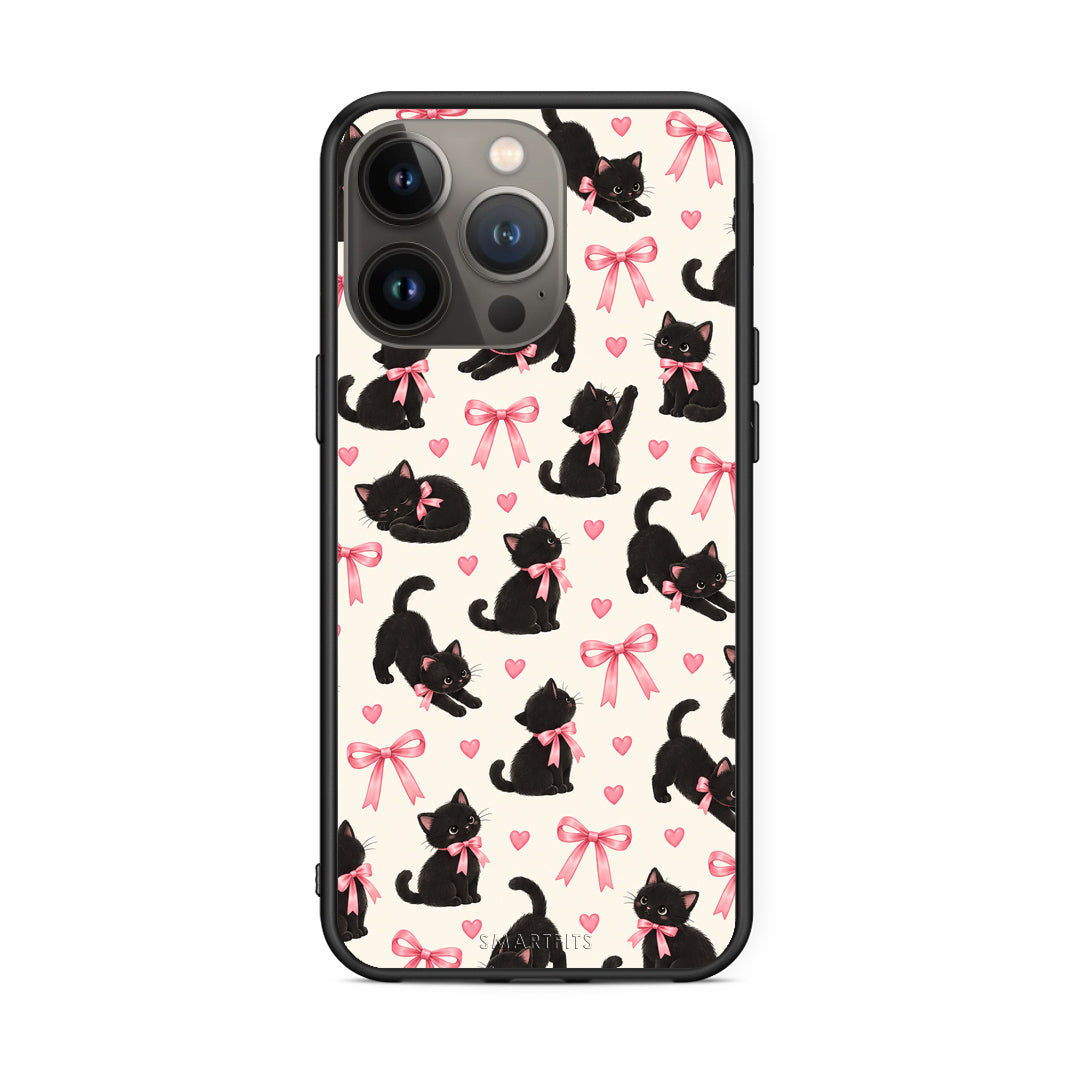 Θήκη iPhone 13 Pro Max Black Kittens and Pink Bows on Cream Small από τη Smartfits με σχέδιο στο πίσω μέρος και μαύρο περίβλημα | iPhone 13 Pro Max Black Kittens and Pink Bows on Cream Small case with colorful back and black bezels