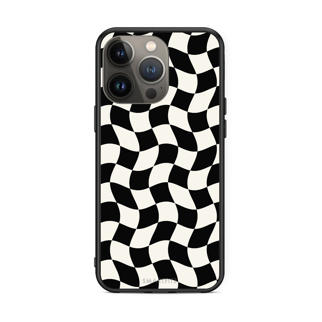 Θήκη iPhone 13 Pro Max Black and Cream Wavy Checkerboard από τη Smartfits με σχέδιο στο πίσω μέρος και μαύρο περίβλημα | iPhone 13 Pro Max Black and Cream Wavy Checkerboard case with colorful back and black bezels