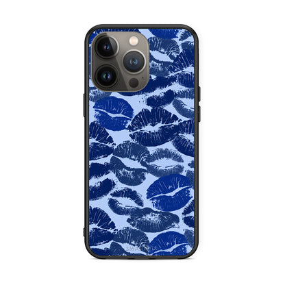 Θήκη iPhone 13 Pro Max Blue Lipstick Kisses από τη Smartfits με σχέδιο στο πίσω μέρος και μαύρο περίβλημα | iPhone 13 Pro Max Blue Lipstick Kisses case with colorful back and black bezels