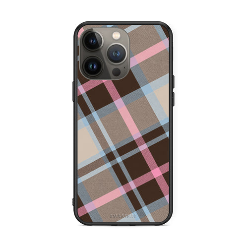 Θήκη iPhone 13 Pro Max Brown Pink and Blue Diagonal Plaid από τη Smartfits με σχέδιο στο πίσω μέρος και μαύρο περίβλημα | iPhone 13 Pro Max Brown Pink and Blue Diagonal Plaid case with colorful back and black bezels