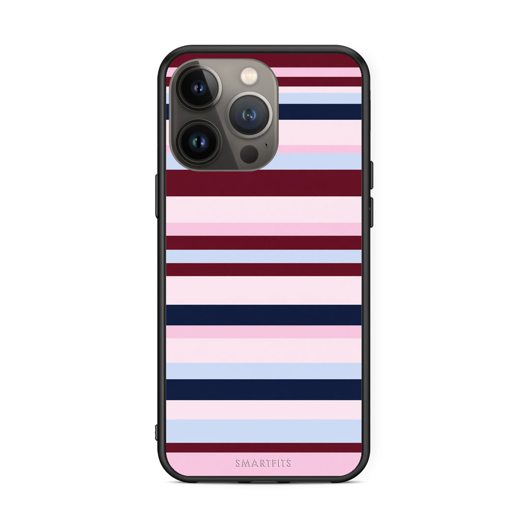 Θήκη iPhone 13 Pro Max Burgundy Pink and Blue Horizontal Stripes από τη Smartfits με σχέδιο στο πίσω μέρος και μαύρο περίβλημα | iPhone 13 Pro Max Burgundy Pink and Blue Horizontal Stripes case with colorful back and black bezels