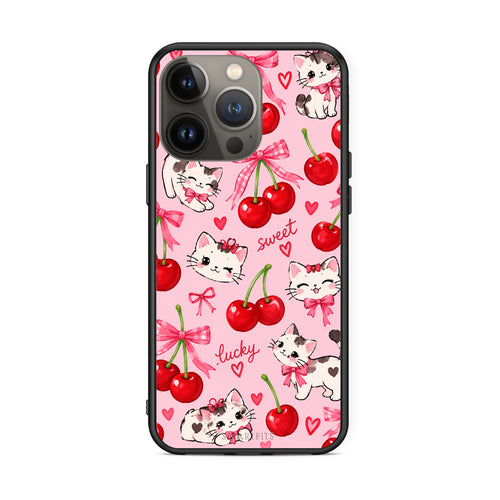 Θήκη iPhone 13 Pro Max Cherries Bows and Kittens on Pink από τη Smartfits με σχέδιο στο πίσω μέρος και μαύρο περίβλημα | iPhone 13 Pro Max Cherries Bows and Kittens on Pink case with colorful back and black bezels