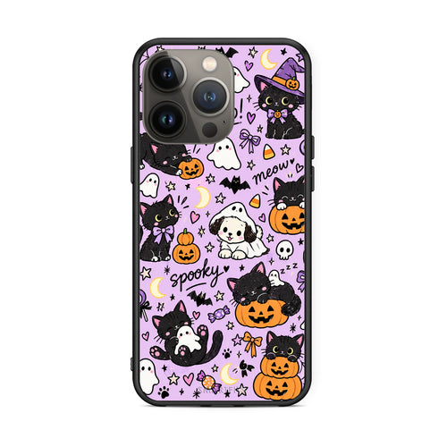 Θήκη iPhone 13 Pro Max Halloween Black Cats on Lilac από τη Smartfits με σχέδιο στο πίσω μέρος και μαύρο περίβλημα | iPhone 13 Pro Max Halloween Black Cats on Lilac case with colorful back and black bezels