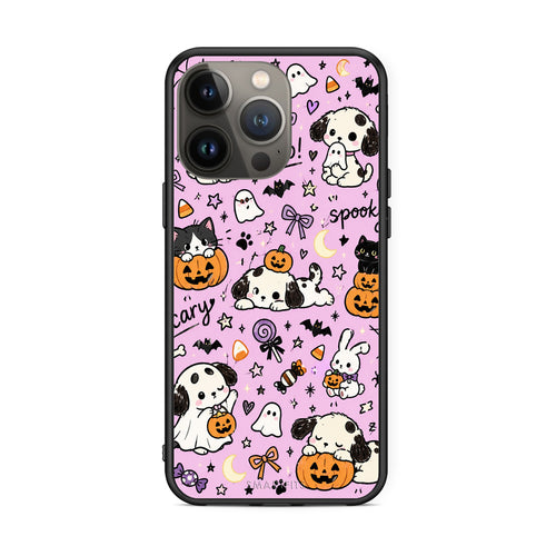 Θήκη iPhone 13 Pro Max Halloween Puppies and Friends on Lilac από τη Smartfits με σχέδιο στο πίσω μέρος και μαύρο περίβλημα | iPhone 13 Pro Max Halloween Puppies and Friends on Lilac case with colorful back and black bezels
