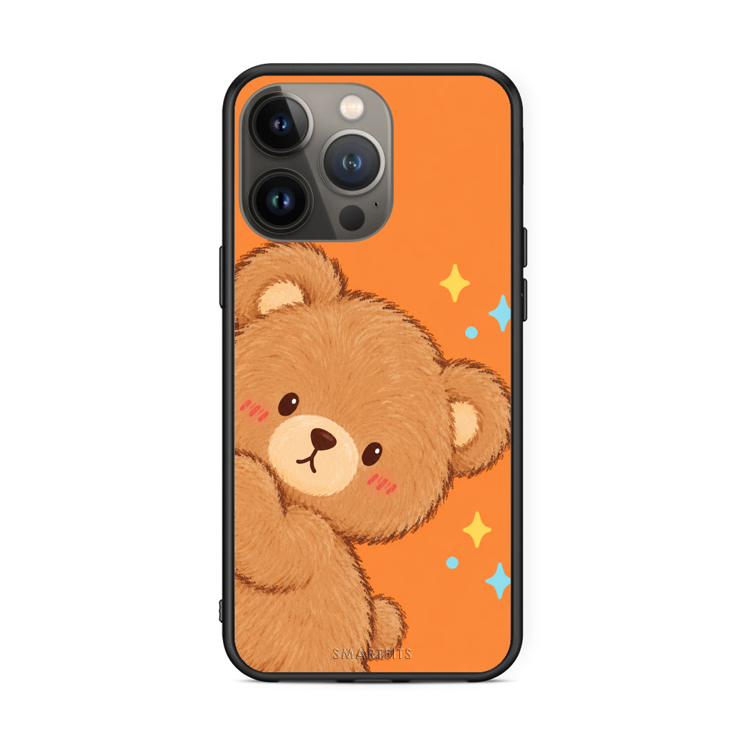 Θήκη iPhone 13 Pro Max Peekaboo Teddy on Orange από τη Smartfits με σχέδιο στο πίσω μέρος και μαύρο περίβλημα | iPhone 13 Pro Max Peekaboo Teddy on Orange case with colorful back and black bezels