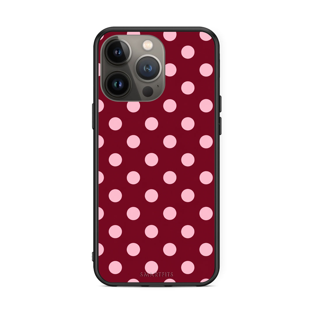 Θήκη iPhone 13 Pro Max Pink Polka Dots on Burgundy από τη Smartfits με σχέδιο στο πίσω μέρος και μαύρο περίβλημα | iPhone 13 Pro Max Pink Polka Dots on Burgundy case with colorful back and black bezels