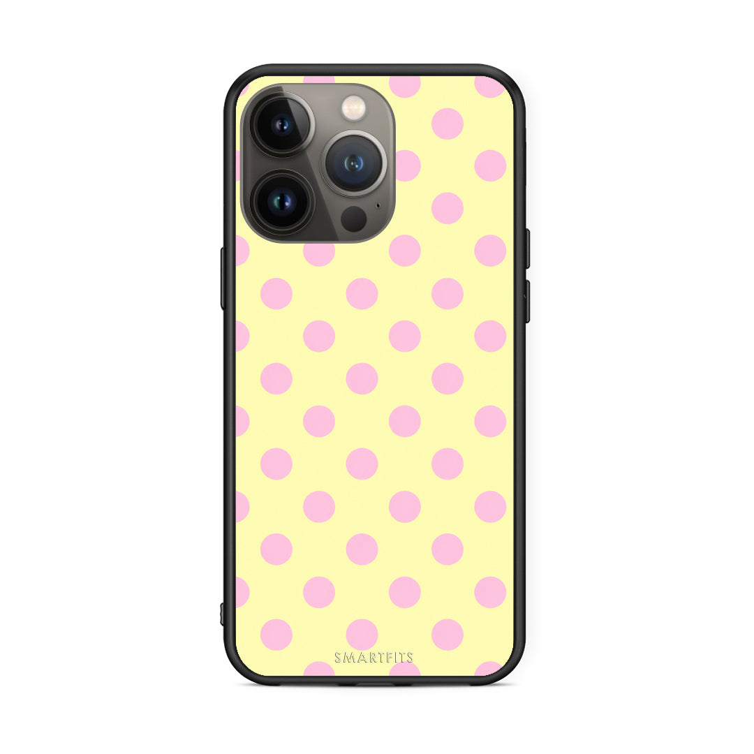 Θήκη iPhone 13 Pro Max Pink Polka Dots on Yellow από τη Smartfits με σχέδιο στο πίσω μέρος και μαύρο περίβλημα | iPhone 13 Pro Max Pink Polka Dots on Yellow case with colorful back and black bezels